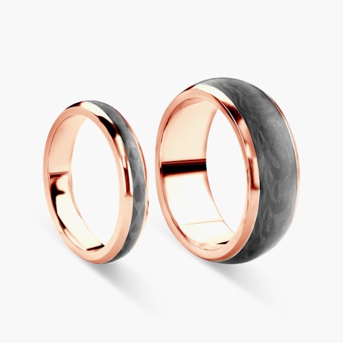 Obrączki ślubne: carbon, różowe złoto, półokrągłe, 4 mm i 8 mm